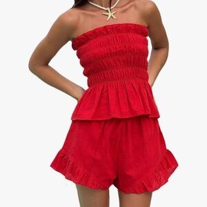 Red Strapless Ruffle Two-Piece Set